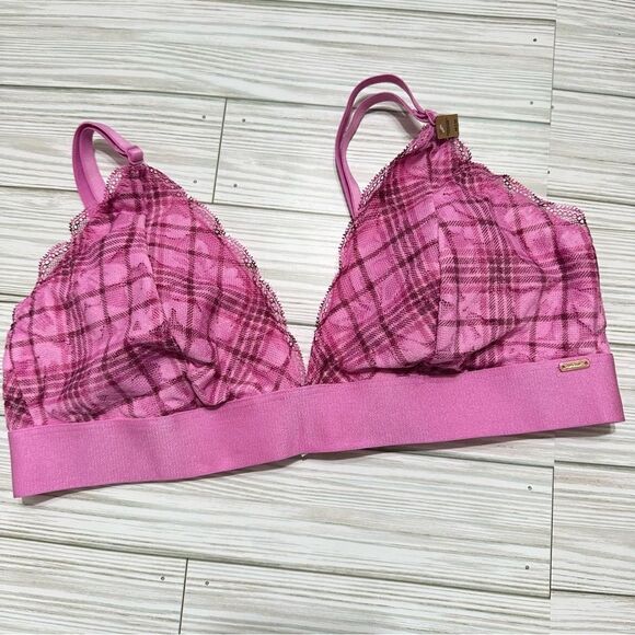 VICTORIA’S SECRET PINK PADDED TRIANGLE‎ PLAID PRINT LACE BRALETTE BRA NWT MEDIUM - Picture 1 of 5